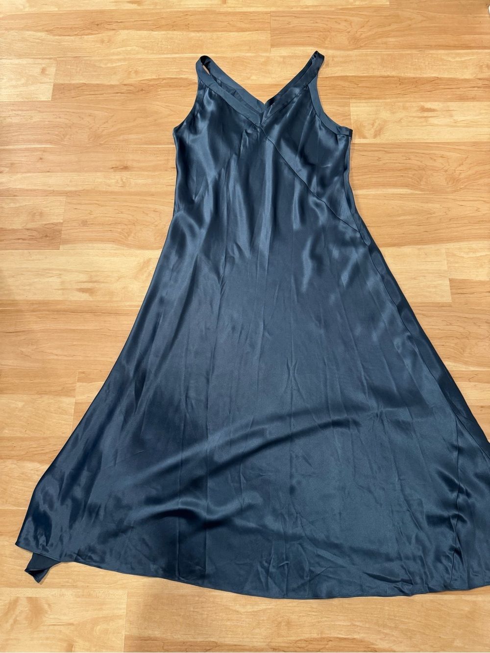 Eileen Fisher 100% Silk V Neck Sleeveless Slip Dress in Dark Teal Blue Size L